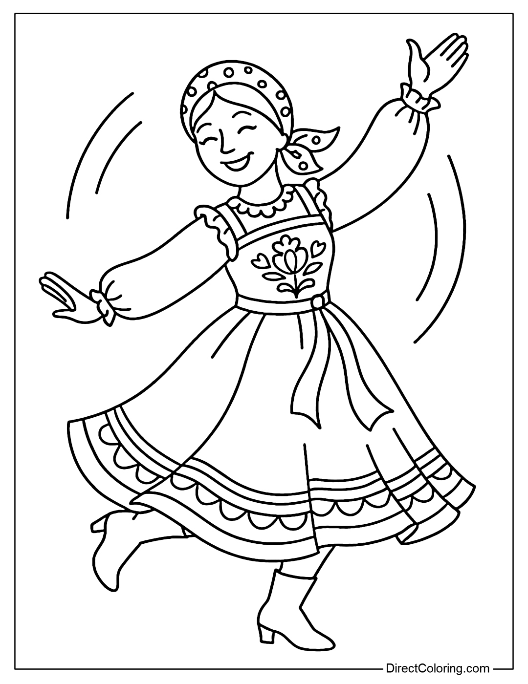 Coloring page of people dancing folklore in colorful traditional costumes.